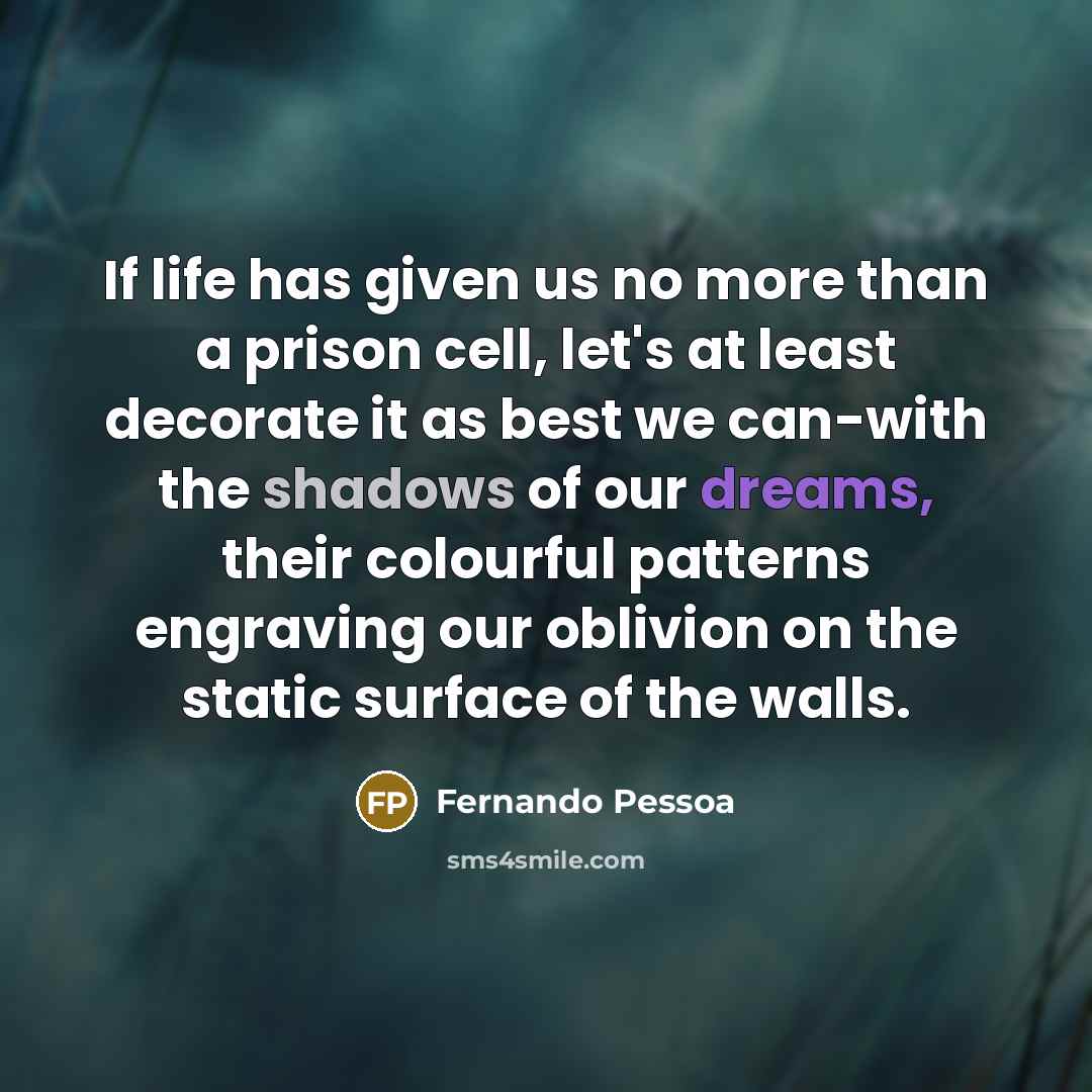 “If life has given us no more than a prison cell, let's at least decorate it as best we can-with the shadows of our dreams, their colourful patterns engraving our oblivion on the static surface of the walls.” quote by Fernando Pessoa