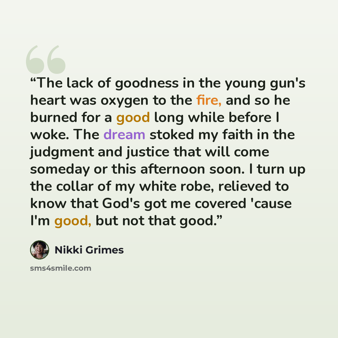 “The lack of goodness in the young gun's heart was oxygen to the fire, and so he burned for a good long while before I woke. The dream stoked my faith in the judgment and justice that will come someday or this afternoon soon. I turn up the collar of my white robe, relieved to know that God's got me…” quote by Nikki Grimes