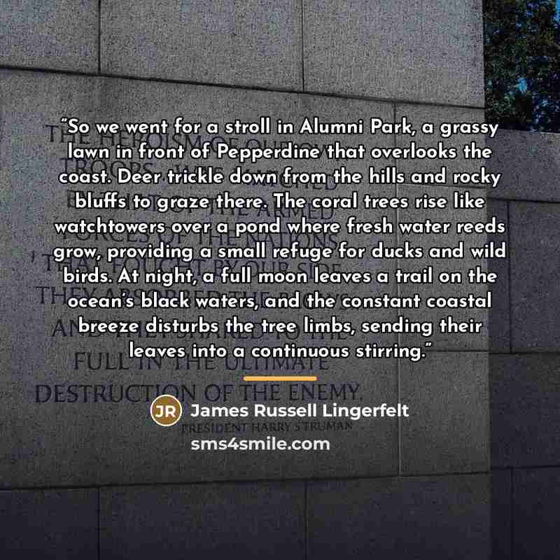 “So we went for a stroll in Alumni Park, a grassy lawn in front of Pepperdine that overlooks the coast. Deer trickle down from the hills and rocky bluffs to graze there. The coral trees rise like watchtowers over a pond where fresh water reeds grow, providing a small refuge for ducks and wild…” quote by James Russell Lingerfelt