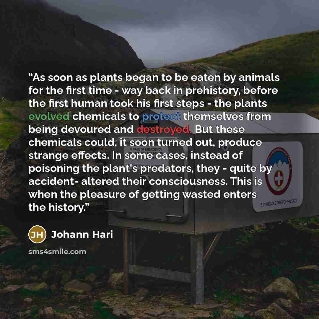 “As soon as plants began to be eaten by animals for the first time - way back in prehistory, before the first human took his first steps - the plants evolved chemicals to protect themselves from being devoured and destroyed. But these chemicals could, it soon turned out, produce strange effects. In…” quote by Johann Hari