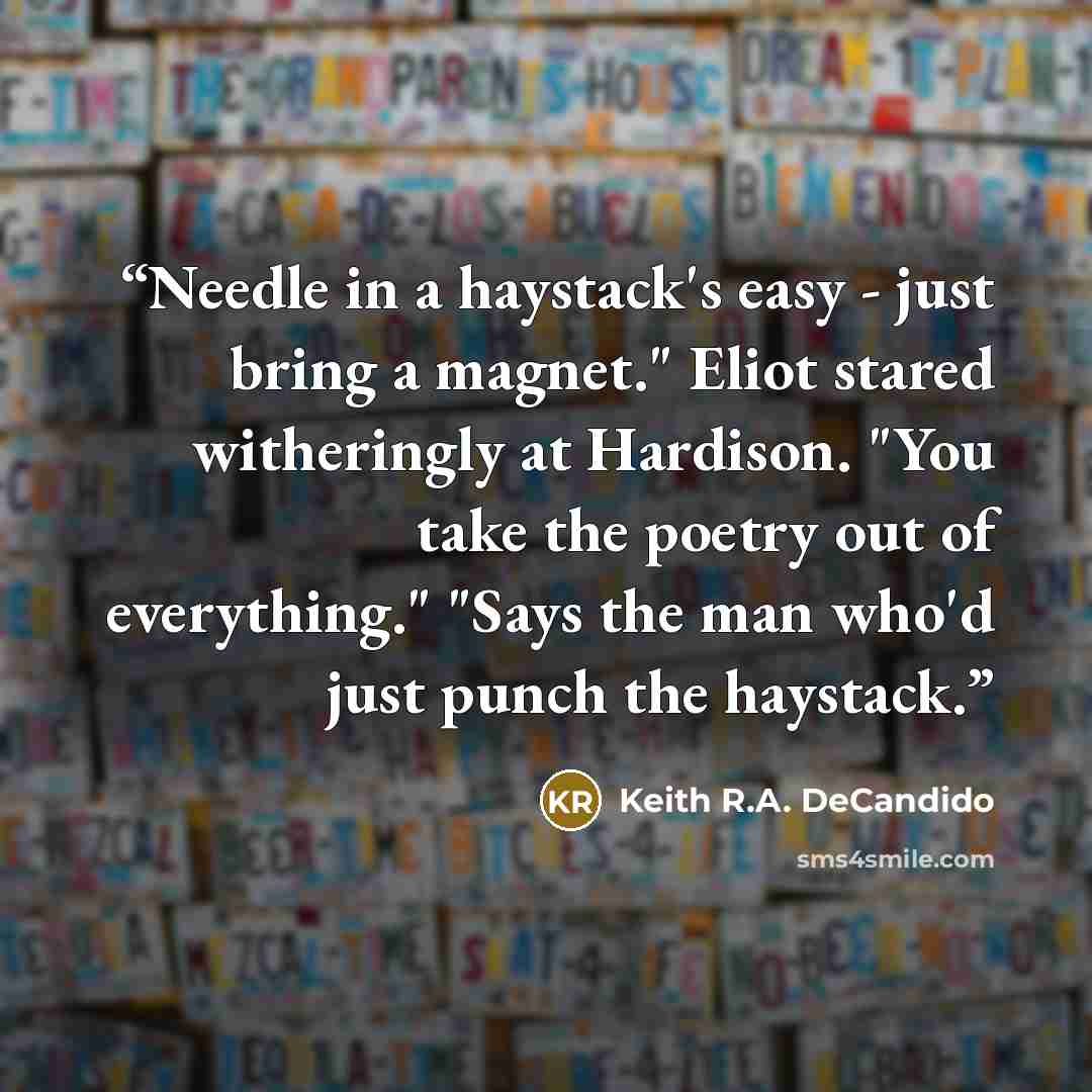 “Needle in a haystack's easy - just bring a magnet." Eliot stared witheringly at Hardison. "You take the poetry out of everything." "Says the man who'd just punch the haystack.” quote by Keith R.A. DeCandido