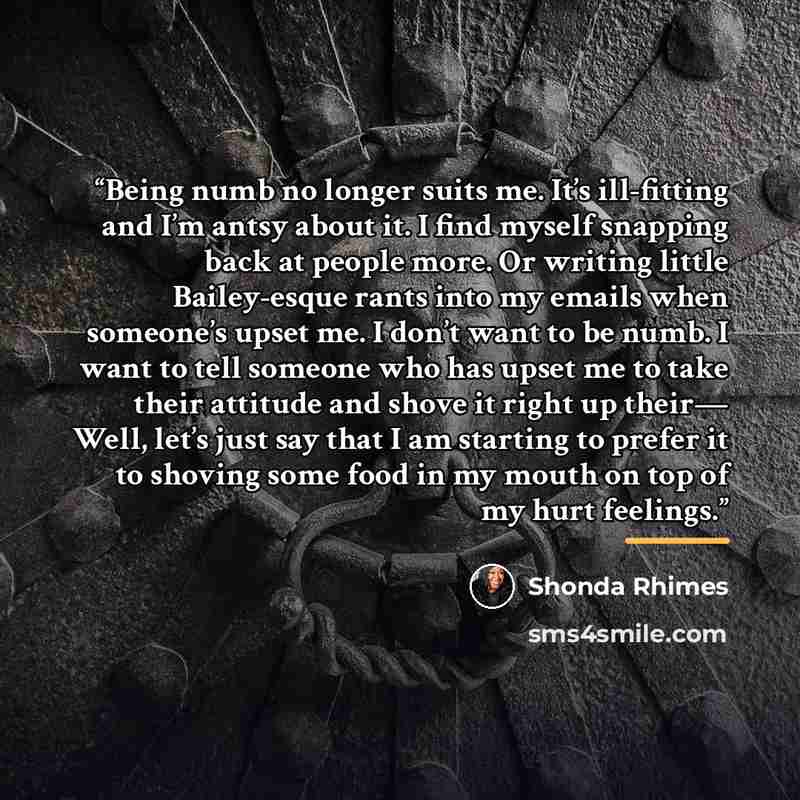 “Being numb no longer suits me. It’s ill-fitting and I’m antsy about it. I find myself snapping back at people more. Or writing little Bailey-esque rants into my emails when someone’s upset me. I don’t want to be numb. I want to tell someone who has upset me to take their attitude and shove it…” quote by Shonda Rhimes