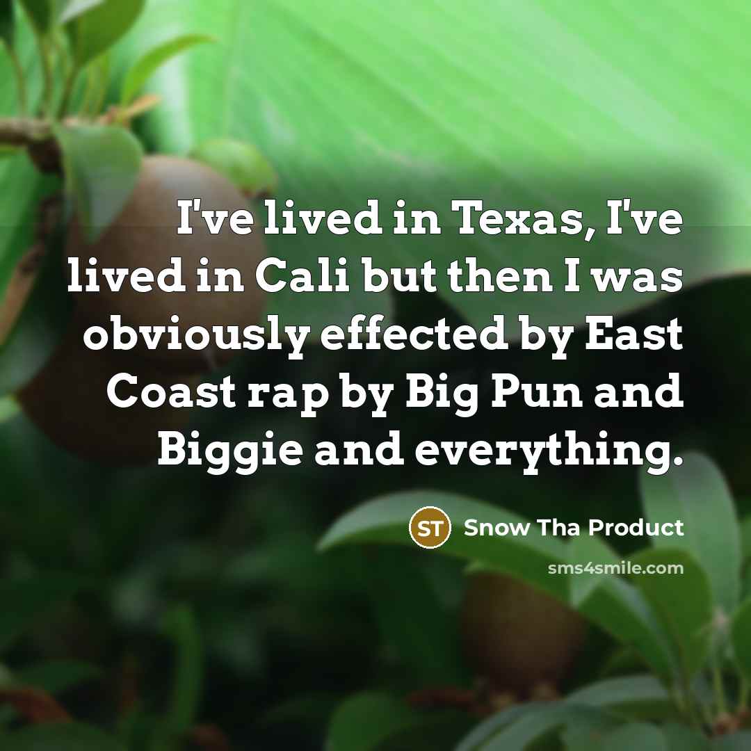 “I've lived in Texas, I've lived in Cali but then I was obviously effected by East Coast rap by Big Pun and Biggie and everything.” quote by Snow Tha Product