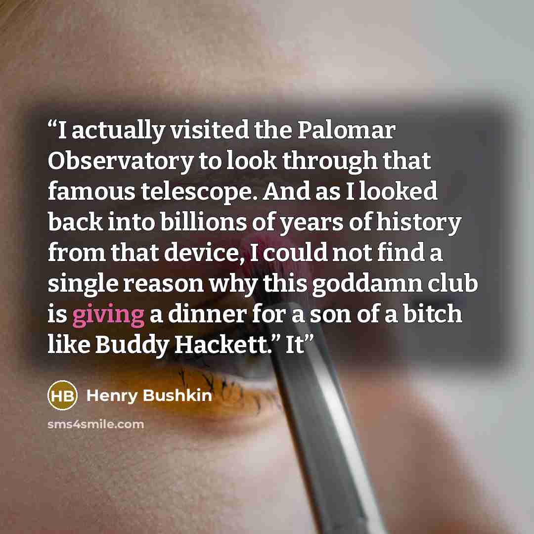 “I actually visited the Palomar Observatory to look through that famous telescope. And as I looked back into billions of years of history from that device, I could not find a single reason why this goddamn club is giving a dinner for a son of a bitch like Buddy Hackett.” It” quote by Henry Bushkin