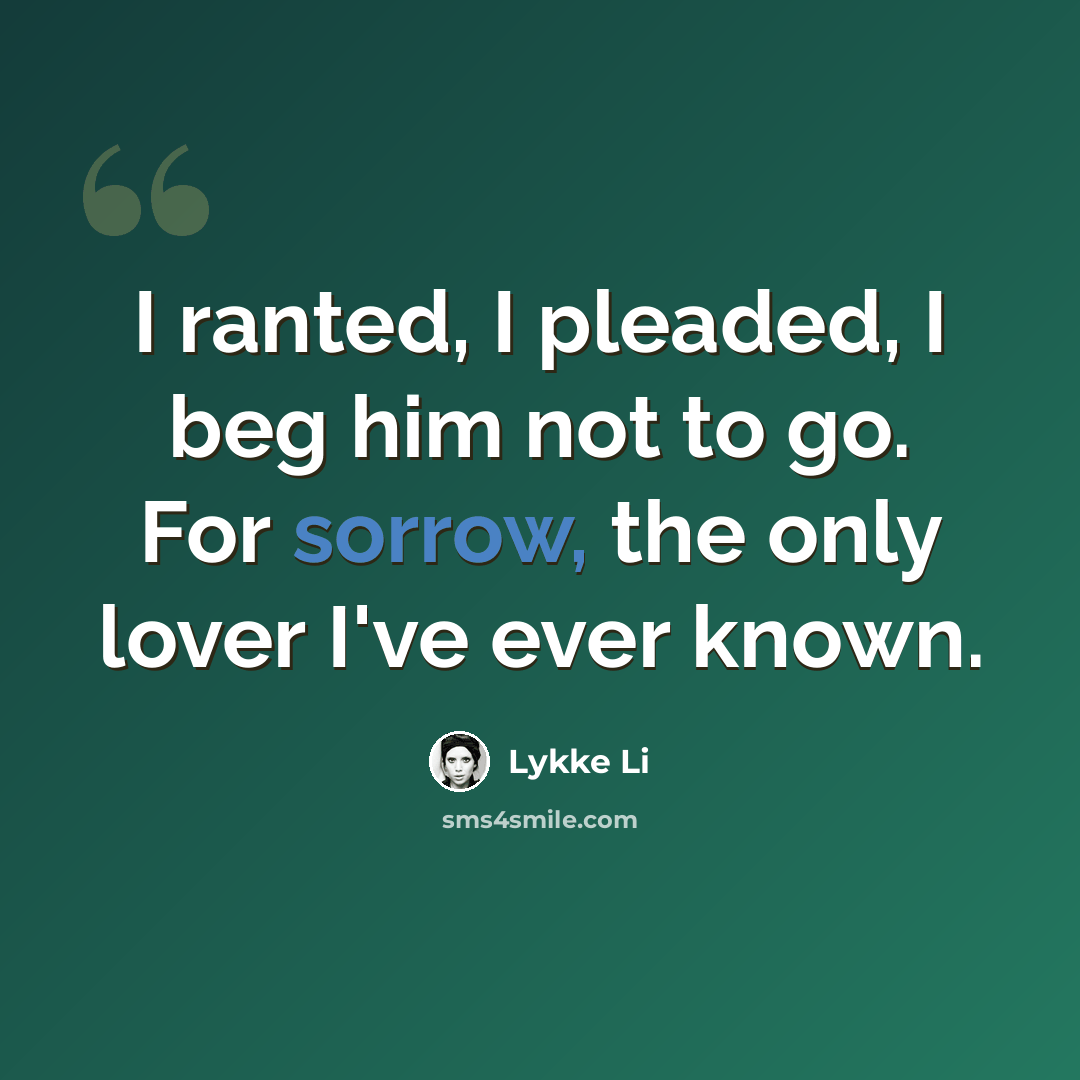 “I ranted, I pleaded, I beg him not to go. For sorrow, the only lover I've ever known.” quote by Lykke Li