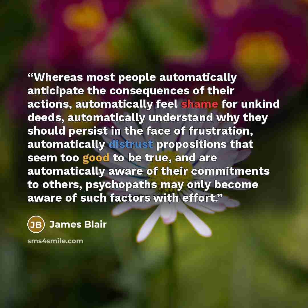 “Whereas most people automatically anticipate the consequences of their actions, automatically feel shame for unkind deeds, automatically understand why they should persist in the face of frustration, automatically distrust propositions that seem too good to be true, and are automatically aware of…” quote by James Blair