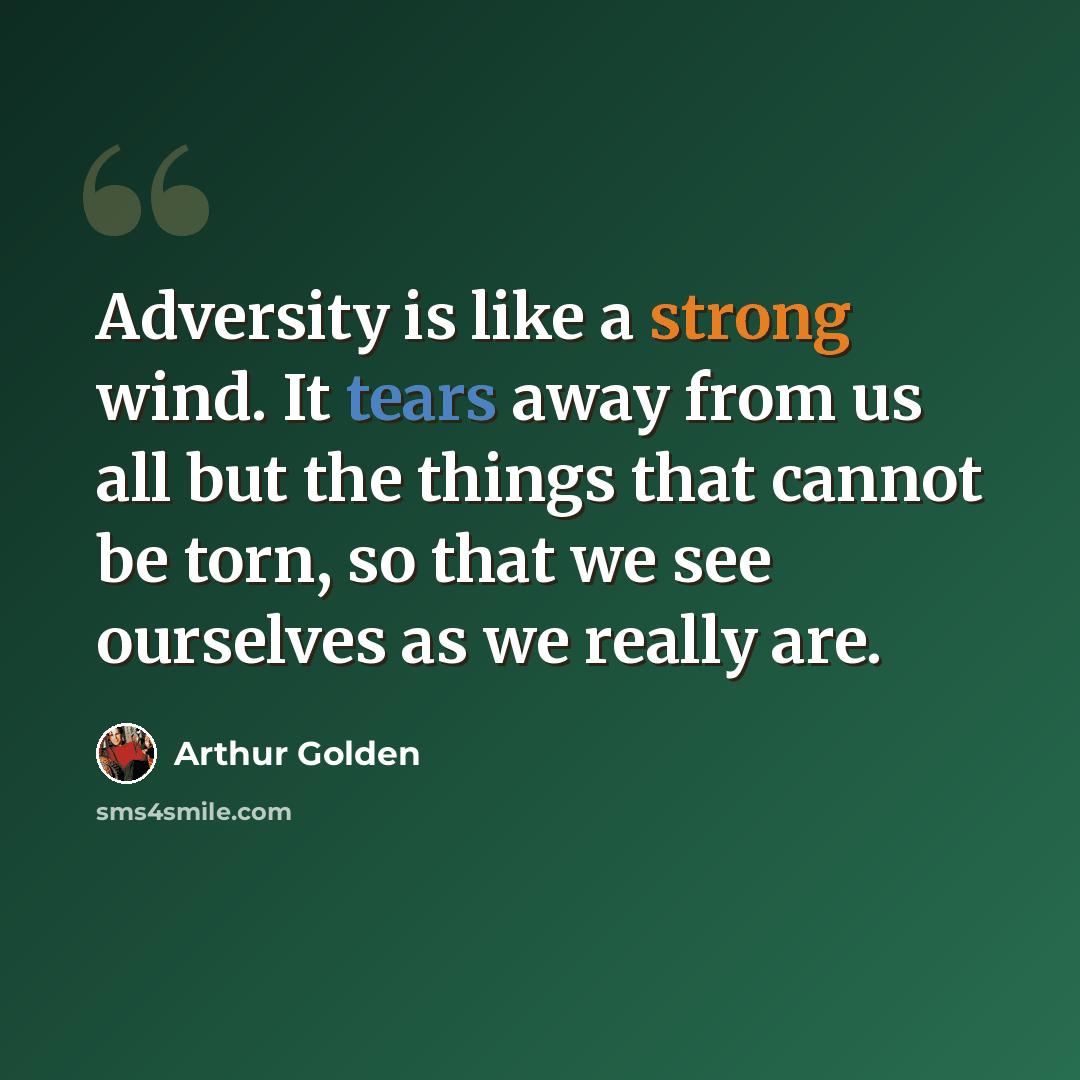 “Adversity is like a strong wind. It tears away from us all but the things that cannot be torn, so that we see ourselves as we really are.” quote by Arthur Golden