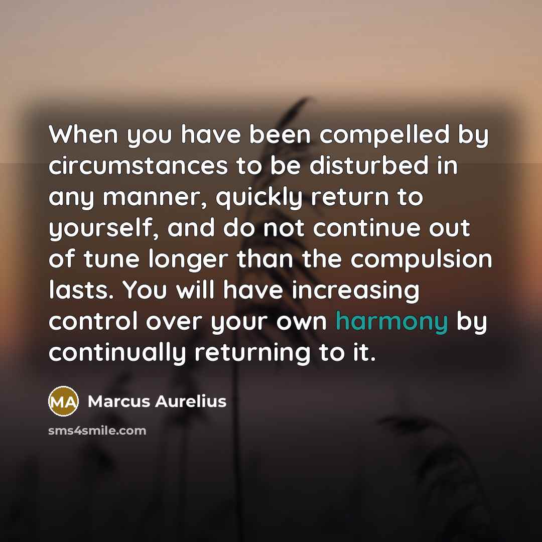 “When you have been compelled by circumstances to be disturbed in any manner, quickly return to yourself, and do not continue out of tune longer than the compulsion lasts. You will have increasing control over your own harmony by continually returning to it.” quote by Marcus Aurelius