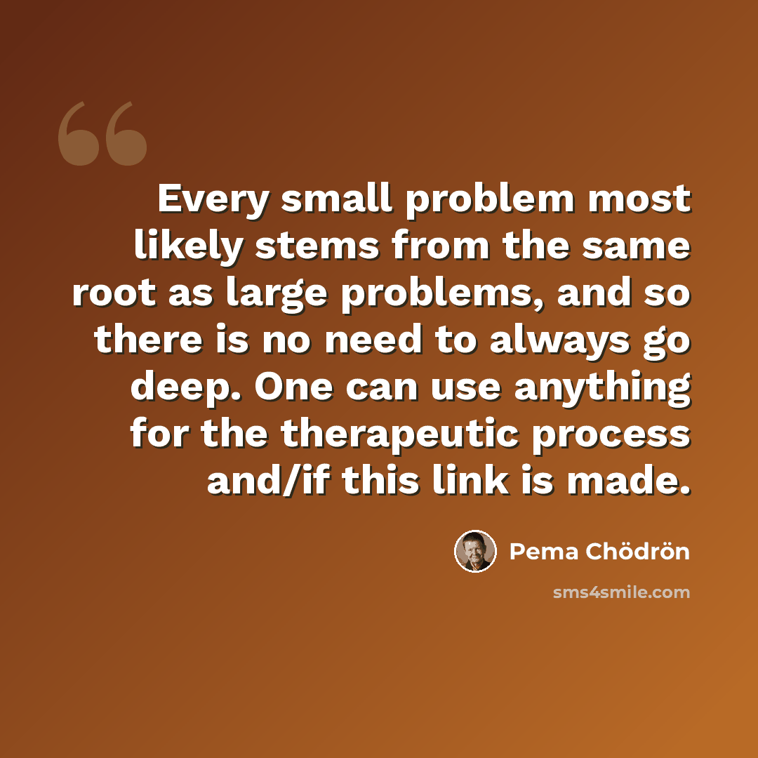 “Every small problem most likely stems from the same root as large problems, and so there is no need to always go deep. One can use anything for the therapeutic process and/if this link is made.” quote by Pema Chodron