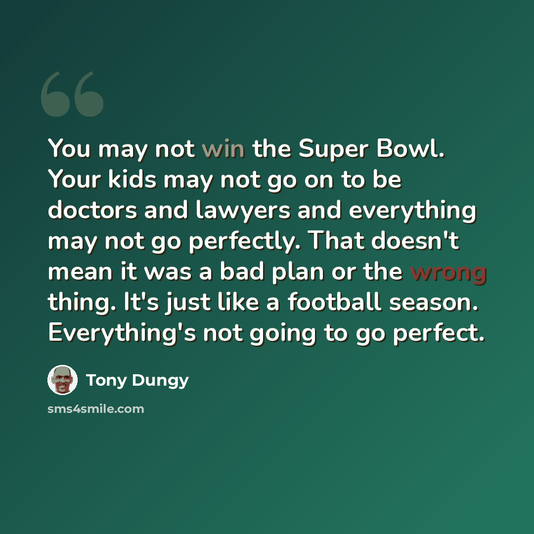 “You may not win the Super Bowl. Your kids may not go on to be doctors and lawyers and everything may not go perfectly. That doesn't mean it was a bad plan or the wrong thing. It's just like a football season. Everything's not going to go perfect.” quote by Tony Dungy
