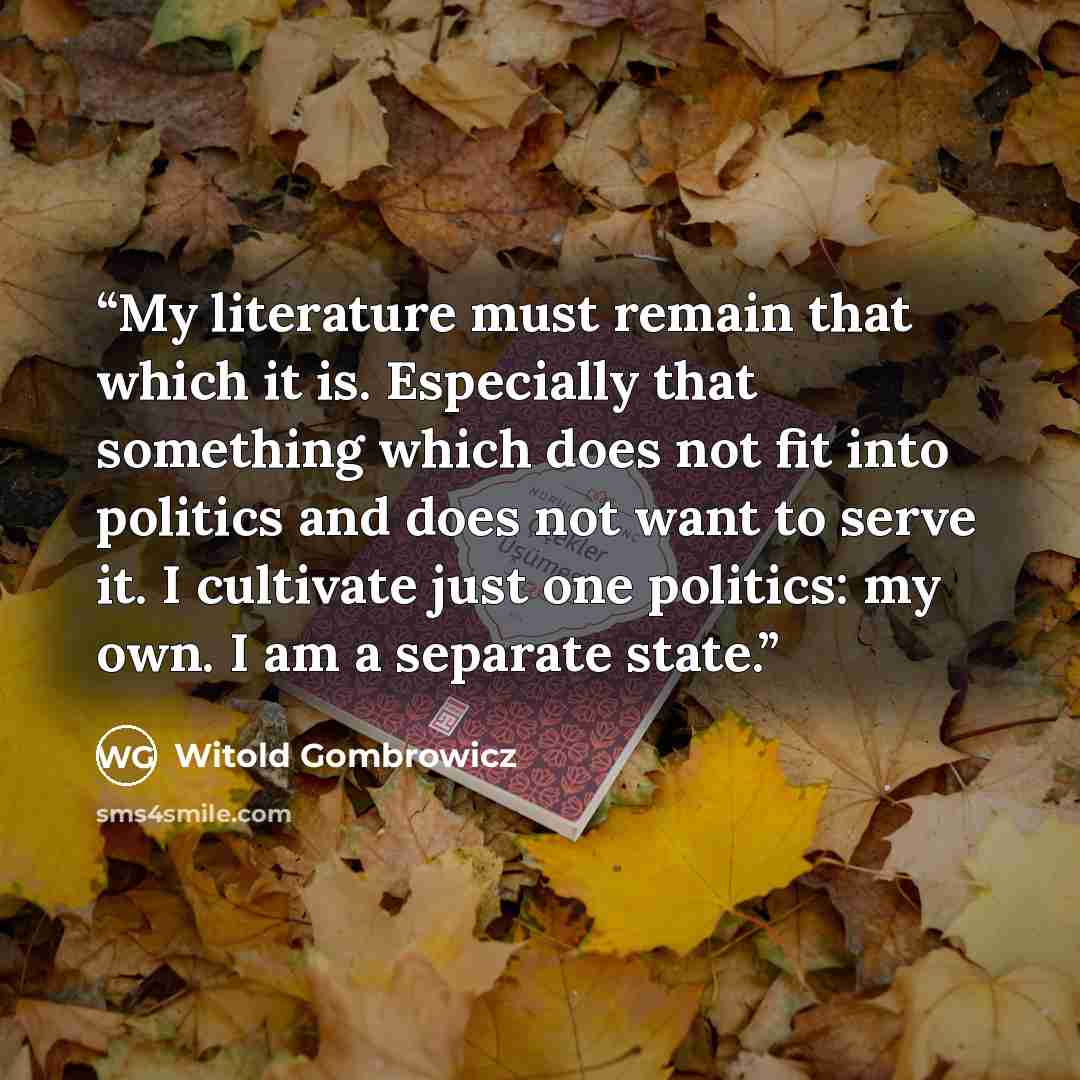 “My literature must remain that which it is. Especially that something which does not fit into politics and does not want to serve it. I cultivate just one politics: my own. I am a separate state.” quote by Witold Gombrowicz