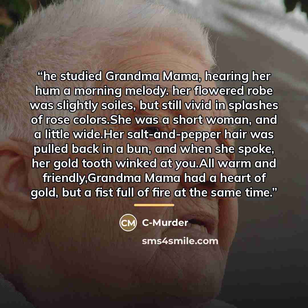 “he studied Grandma Mama, hearing her hum a morning melody. her flowered robe was slightly soiles, but still vivid in splashes of rose colors.She was a short woman, and a little wide.Her salt-and-pepper hair was pulled back in a bun, and when she spoke, her gold tooth winked at you.All warm and…” quote by C-Murder