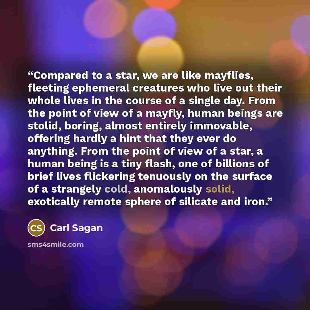 “Compared to a star, we are like mayflies, fleeting ephemeral creatures who live out their whole lives in the course of a single day. From the point of view of a mayfly, human beings are stolid, boring, almost entirely immovable, offering hardly a hint that they ever do anything. From the point of…” quote by Carl Sagan