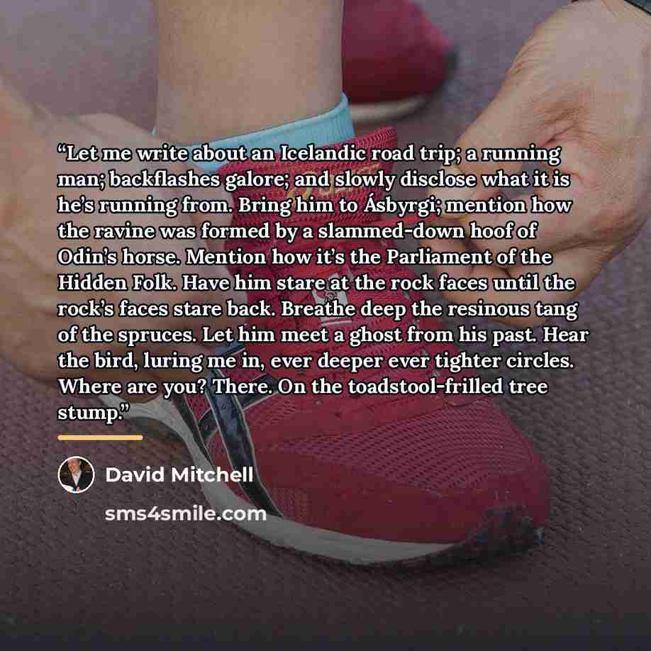 “Let me write about an Icelandic road trip; a running man; backflashes galore; and slowly disclose what it is he’s running from. Bring him to Ásbyrgi; mention how the ravine was formed by a slammed-down hoof of Odin’s horse. Mention how it’s the Parliament of the Hidden Folk. Have him stare at the…” quote by David Mitchell