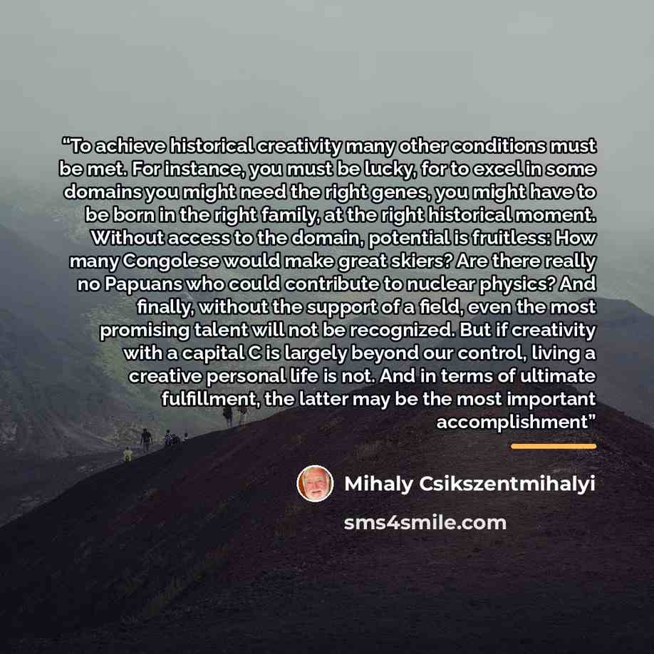 “To achieve historical creativity many other conditions must be met. For instance, you must be lucky, for to excel in some domains you might need the right genes, you might have to be born in the right family, at the right historical moment. Without access to the domain, potential is fruitless: How…” quote by Mihaly Csikszentmihalyi