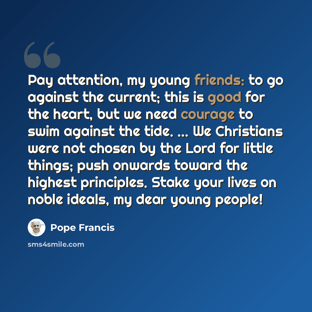 “Pay attention, my young friends: to go against the current; this is good for the heart, but we need courage to swim against the tide. ... We Christians were not chosen by the Lord for little things; push onwards toward the highest principles. Stake your lives on noble ideals, my dear young people!” quote by Pope Francis