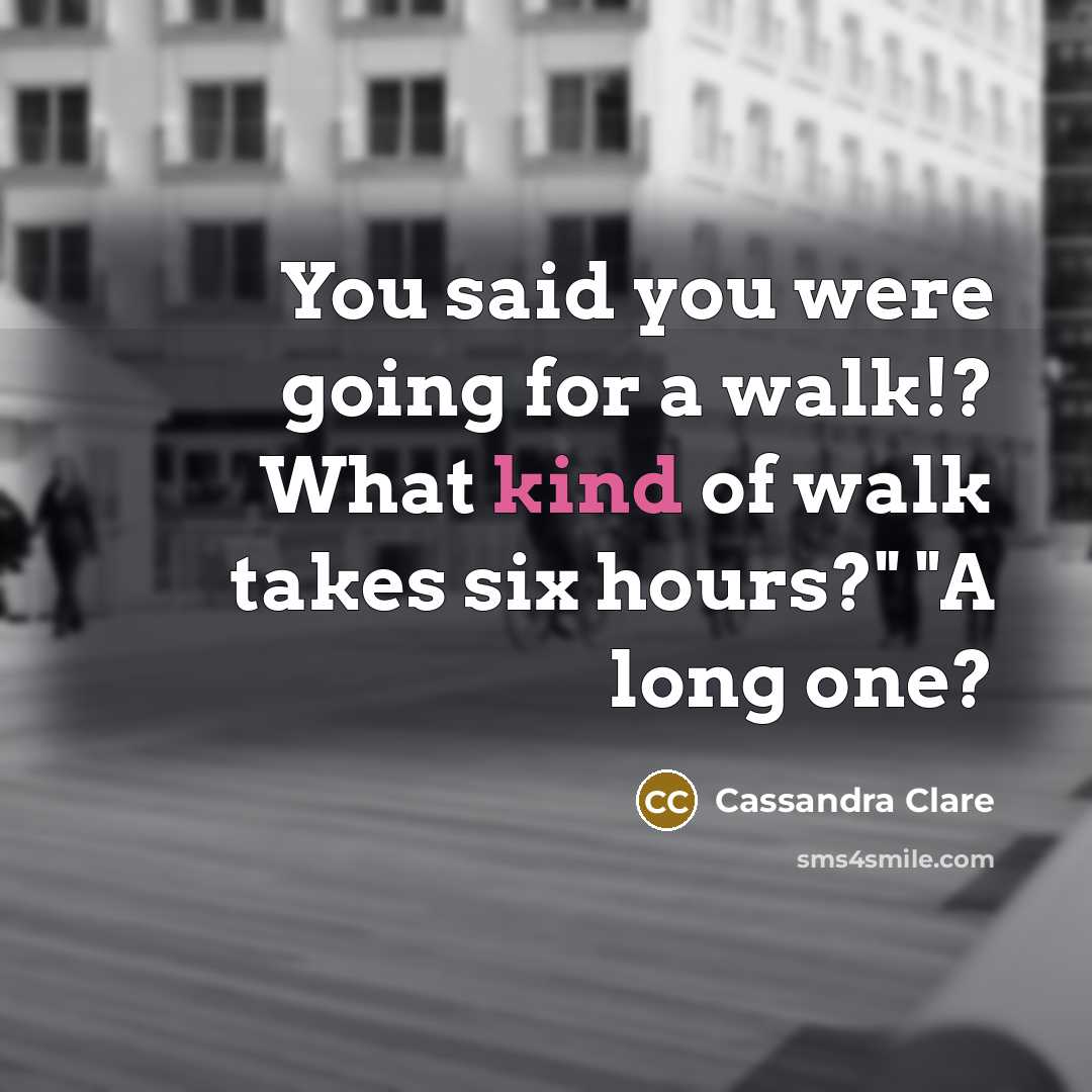 “You said you were going for a walk!? What kind of walk takes six hours?" "A long one?” quote by Cassandra Clare