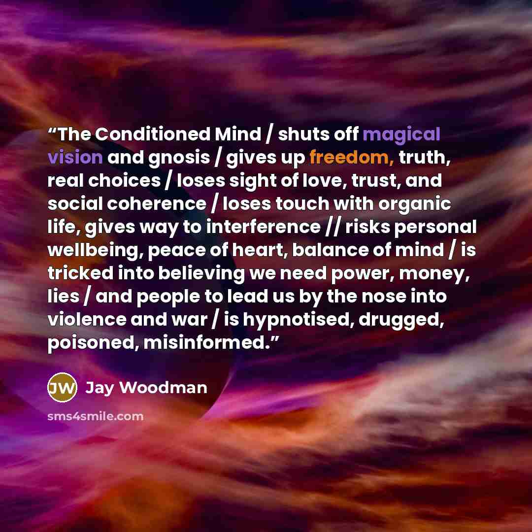 “The Conditioned Mind / shuts off magical vision and gnosis / gives up freedom, truth, real choices / loses sight of love, trust, and social coherence / loses touch with organic life, gives way to interference // risks personal wellbeing, peace of heart, balance of mind / is tricked into believing…” quote by Jay Woodman