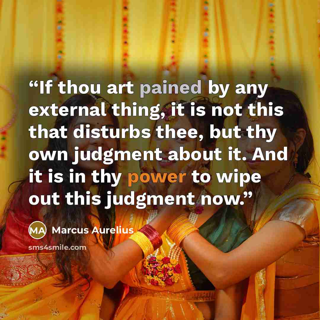 “If thou art pained by any external thing, it is not this that disturbs thee, but thy own judgment about it. And it is in thy power to wipe out this judgment now.” quote by Marcus Aurelius