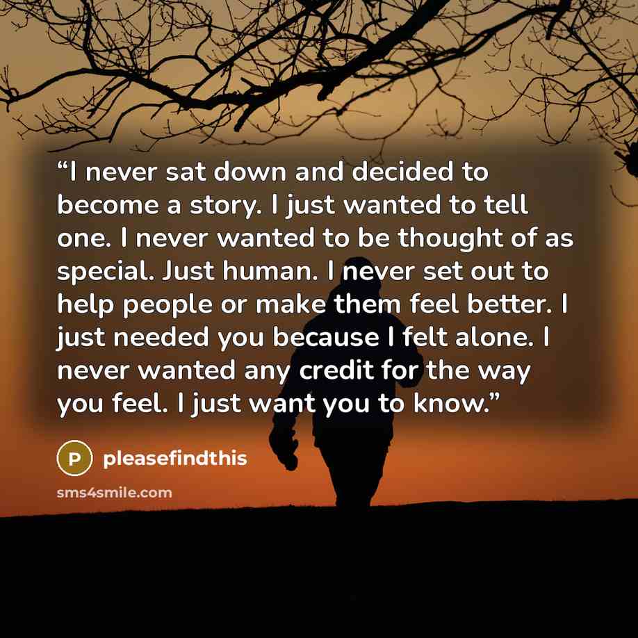 “I never sat down and decided to become a story. I just wanted to tell one. I never wanted to be thought of as special. Just human. I never set out to help people or make them feel better. I just needed you because I felt alone. I never wanted any credit for the way you feel. I just want you to know.” quote by pleasefindthis