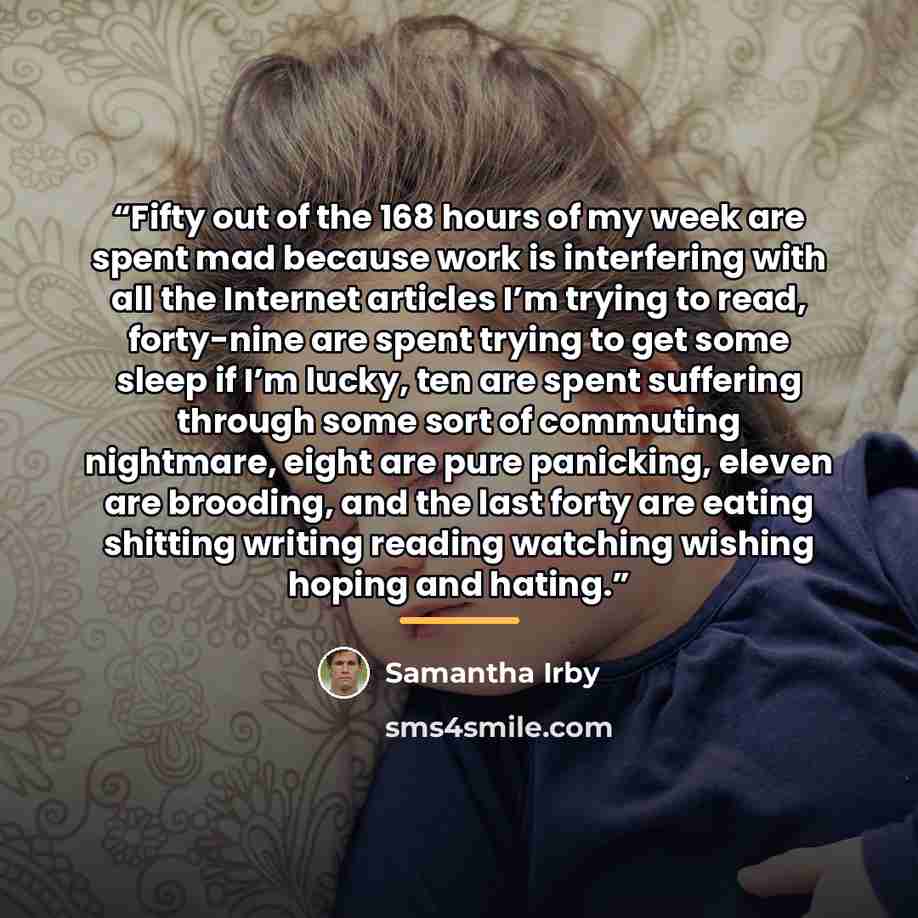 “Fifty out of the 168 hours of my week are spent mad because work is interfering with all the Internet articles I’m trying to read, forty-nine are spent trying to get some sleep if I’m lucky, ten are spent suffering through some sort of commuting nightmare, eight are pure panicking, eleven are…” quote by Samantha Irby