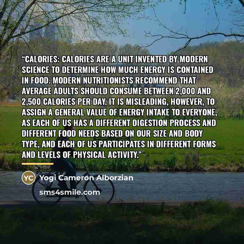 “Calories: Calories are a unit invented by modern science to determine how much energy is contained in food. Modern nutritionists recommend that average adults should consume between 2,000 and 2,500 calories per day. It is misleading, however, to assign a general value of energy intake to everyone…” quote by Yogi Cameron Alborzian