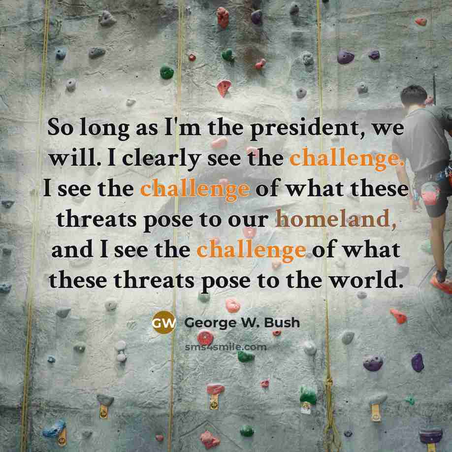 “So long as I'm the president, we will. I clearly see the challenge. I see the challenge of what these threats pose to our homeland, and I see the challenge of what these threats pose to the world.” quote by George W. Bush