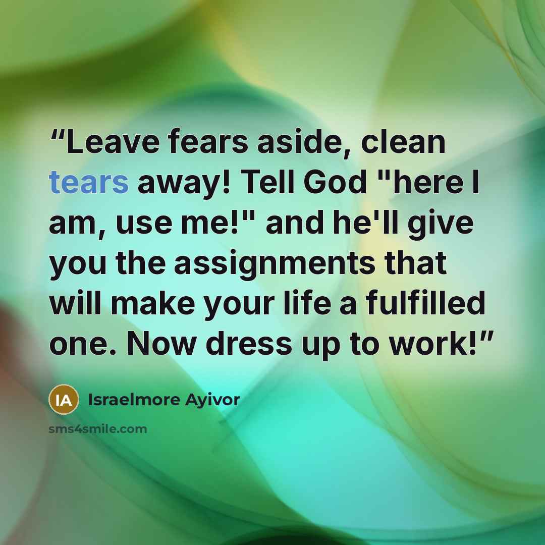 “Leave fears aside, clean tears away! Tell God "here I am, use me!" and he'll give you the assignments that will make your life a fulfilled one. Now dress up to work!” quote by Israelmore Ayivor