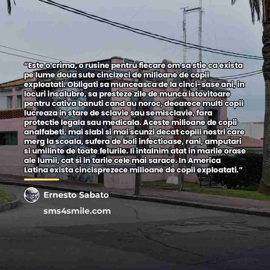 “Este o crima, o rusine pentru fiecare om sa stie ca exista pe lume doua sute cincizeci de milioane de copii exploatati. Obligati sa munceasca de la cinci-sase ani, in locuri insalubre, sa presteze zile de munca istovitoare pentru cativa banuti cand au noroc, deoarece multi copii lucreaza in stare…” quote by Ernesto Sabato