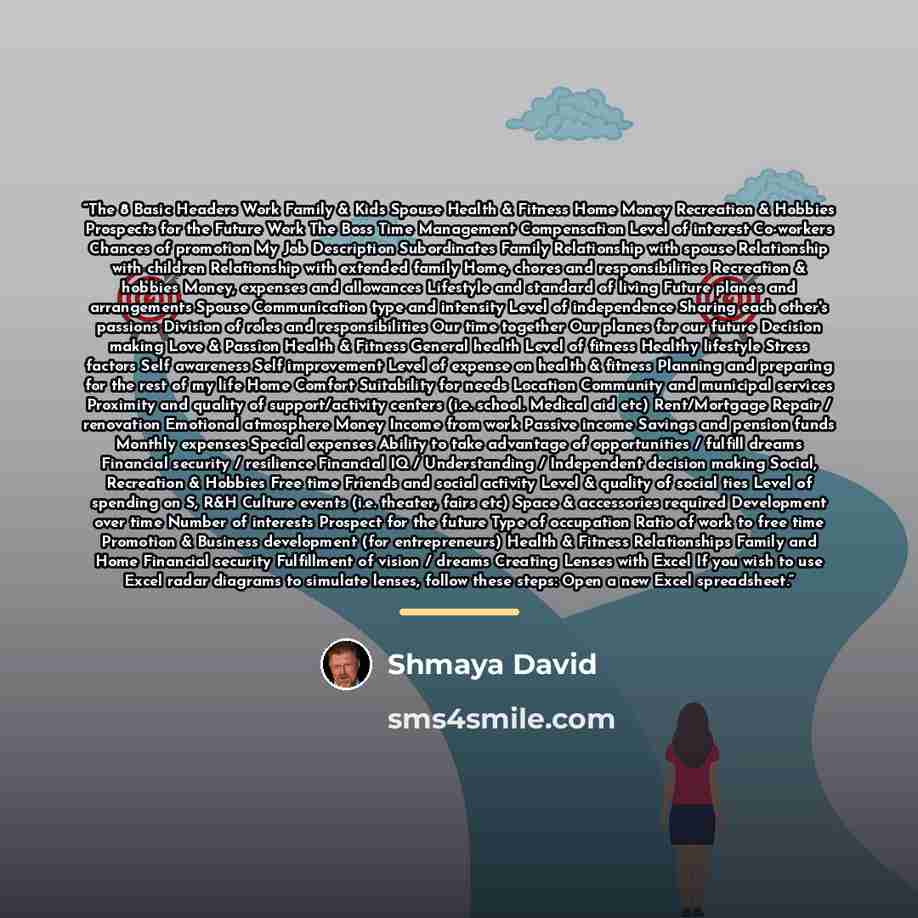“The 8 Basic Headers Work Family & Kids Spouse Health & Fitness Home Money Recreation & Hobbies Prospects for the Future Work The Boss Time Management Compensation Level of interest Co-workers Chances of promotion My Job Description Subordinates Family Relationship with spouse Relationship with…” quote by Shmaya David