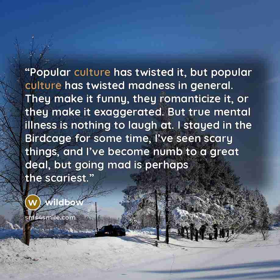 “Popular culture has twisted it, but popular culture has twisted madness in general. They make it funny, they romanticize it, or they make it exaggerated. But true mental illness is nothing to laugh at. I stayed in the Birdcage for some time, I’ve seen scary things, and I’ve become numb to a great…” quote by wildbow