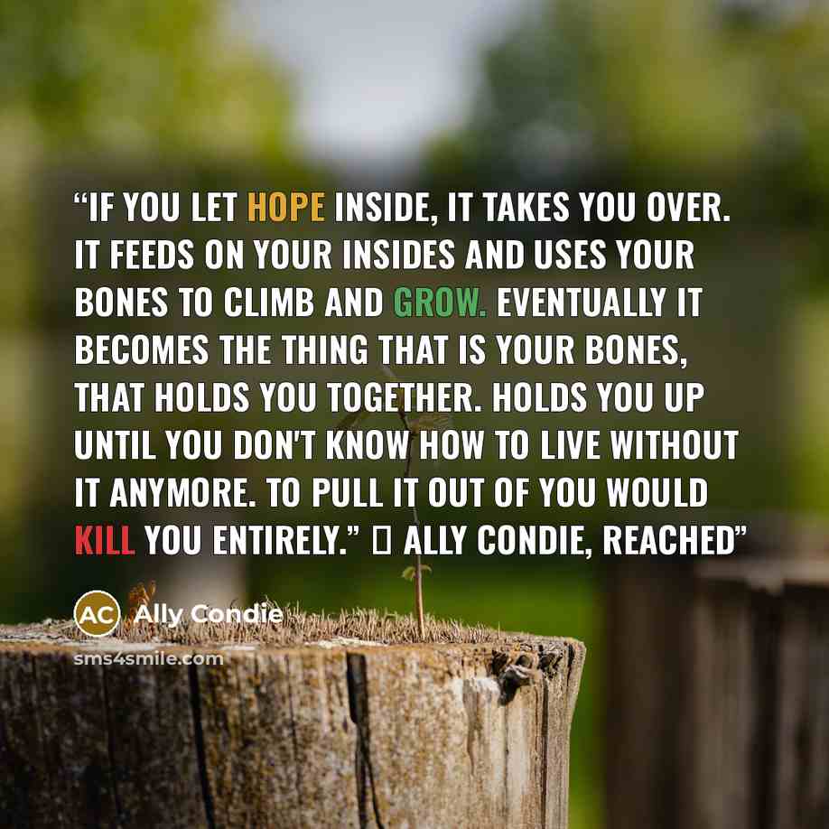 “If you let hope inside, it takes you over. It feeds on your insides and uses your bones to climb and grow. Eventually it becomes the thing that is your bones, that holds you together. Holds you up until you don't know how to live without it anymore. To pull it out of you would kill you entirely.”…” quote by Ally Condie