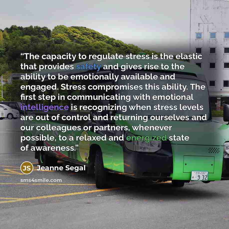 “The capacity to regulate stress is the elastic that provides safety and gives rise to the ability to be emotionally available and engaged. Stress compromises this ability. The first step in communicating with emotional intelligence is recognizing when stress levels are out of control and returning…” quote by Jeanne Segal
