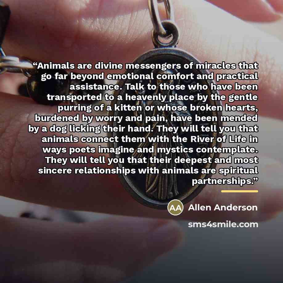 “Animals are divine messengers of miracles that go far beyond emotional comfort and practical assistance. Talk to those who have been transported to a heavenly place by the gentle purring of a kitten or whose broken hearts, burdened by worry and pain, have been mended by a dog licking their hand…” quote by Allen Anderson