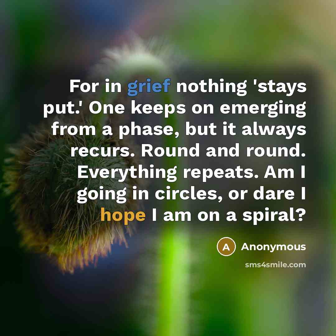 “For in grief nothing 'stays put.' One keeps on emerging from a phase, but it always recurs. Round and round. Everything repeats. Am I going in circles, or dare I hope I am on a spiral?” quote by Anonymous