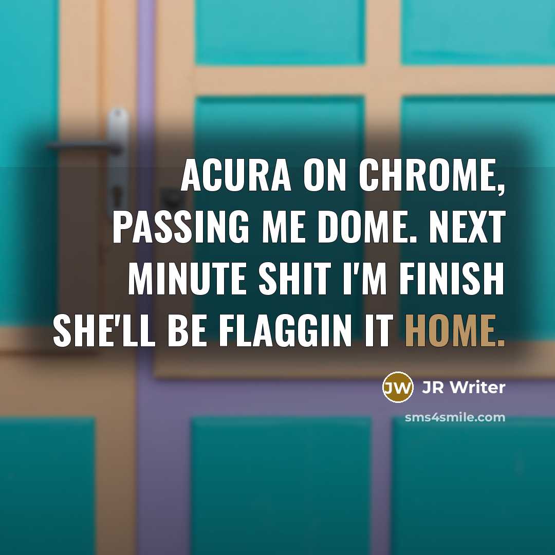 “Acura on chrome, passing me dome. Next minute shit I'm finish she'll be flaggin it home.” quote by JR Writer