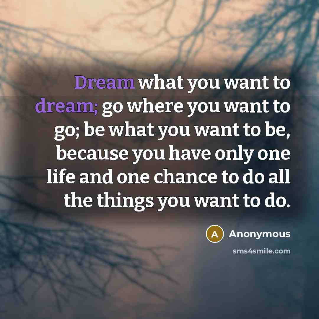 “Dream what you want to dream; go where you want to go; be what you want to be, because you have only one life and one chance to do all the things you want to do.” quote by Anonymous