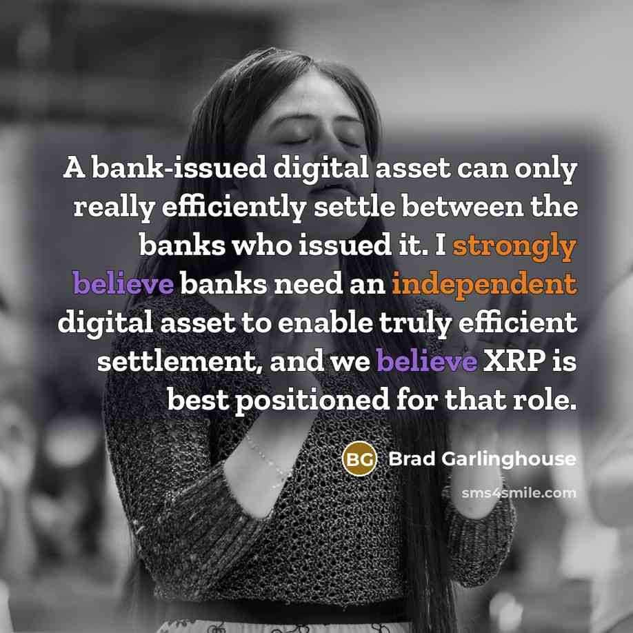 “A bank-issued digital asset can only really efficiently settle between the banks who issued it. I strongly believe banks need an independent digital asset to enable truly efficient settlement, and we believe XRP is best positioned for that role.” quote by Brad Garlinghouse