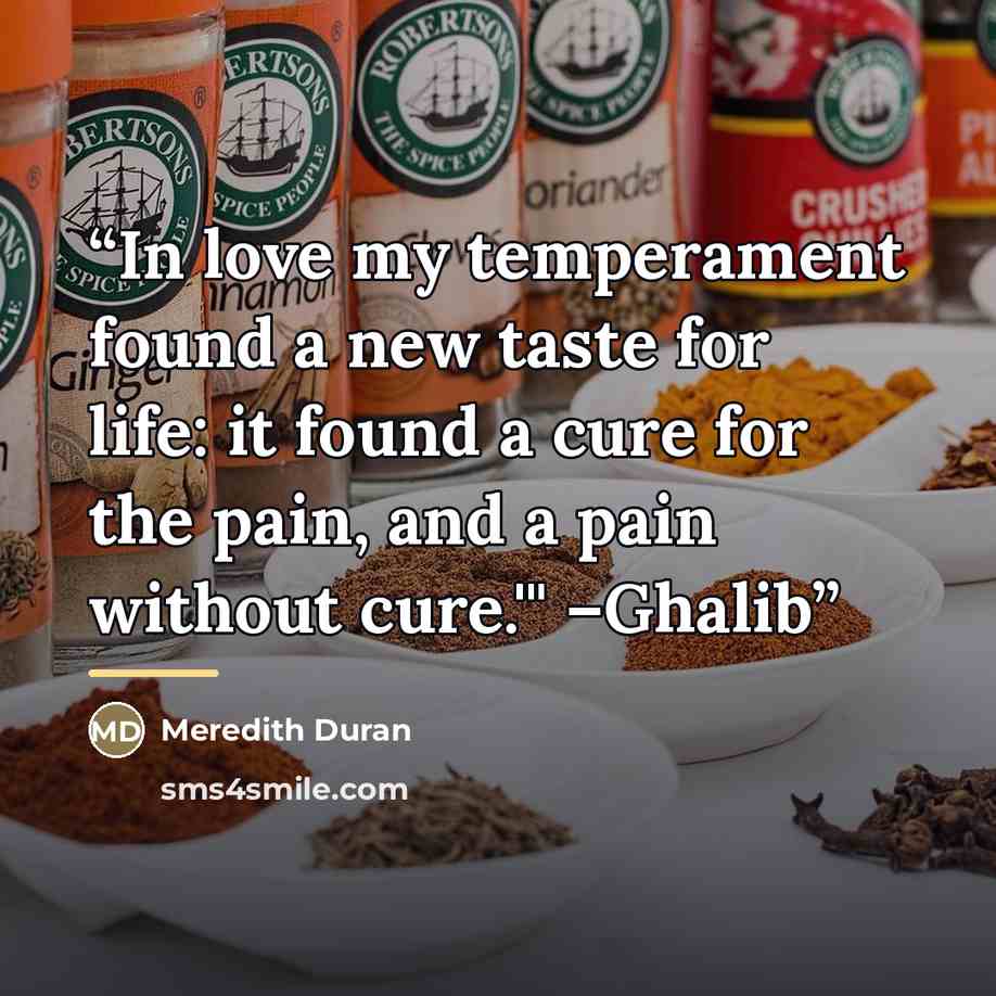 “In love my temperament found a new taste for life: it found a cure for the pain, and a pain without cure.'" –Ghalib” quote by Meredith Duran