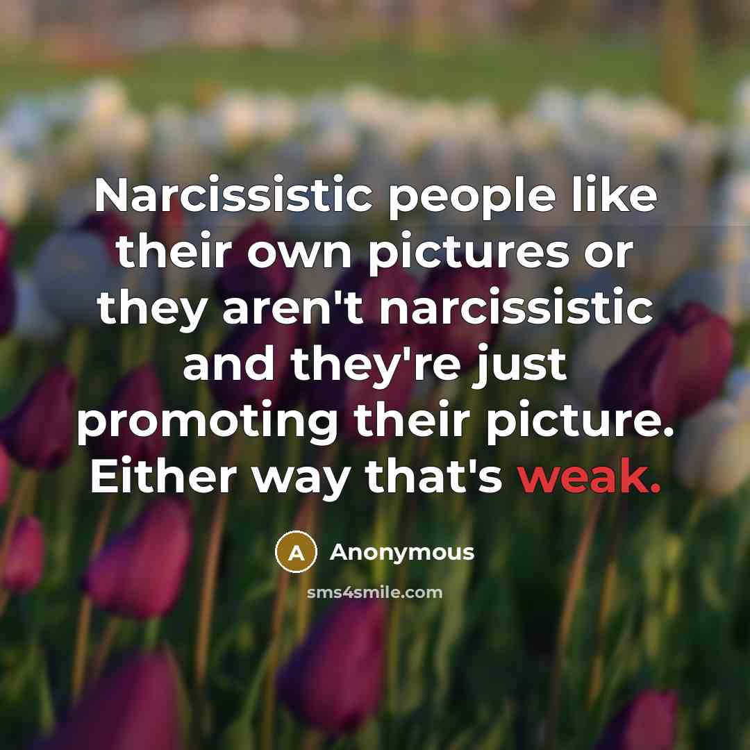 “Narcissistic people like their own pictures or they aren't narcissistic and they're just promoting their picture. Either way that's weak.” quote by Anonymous