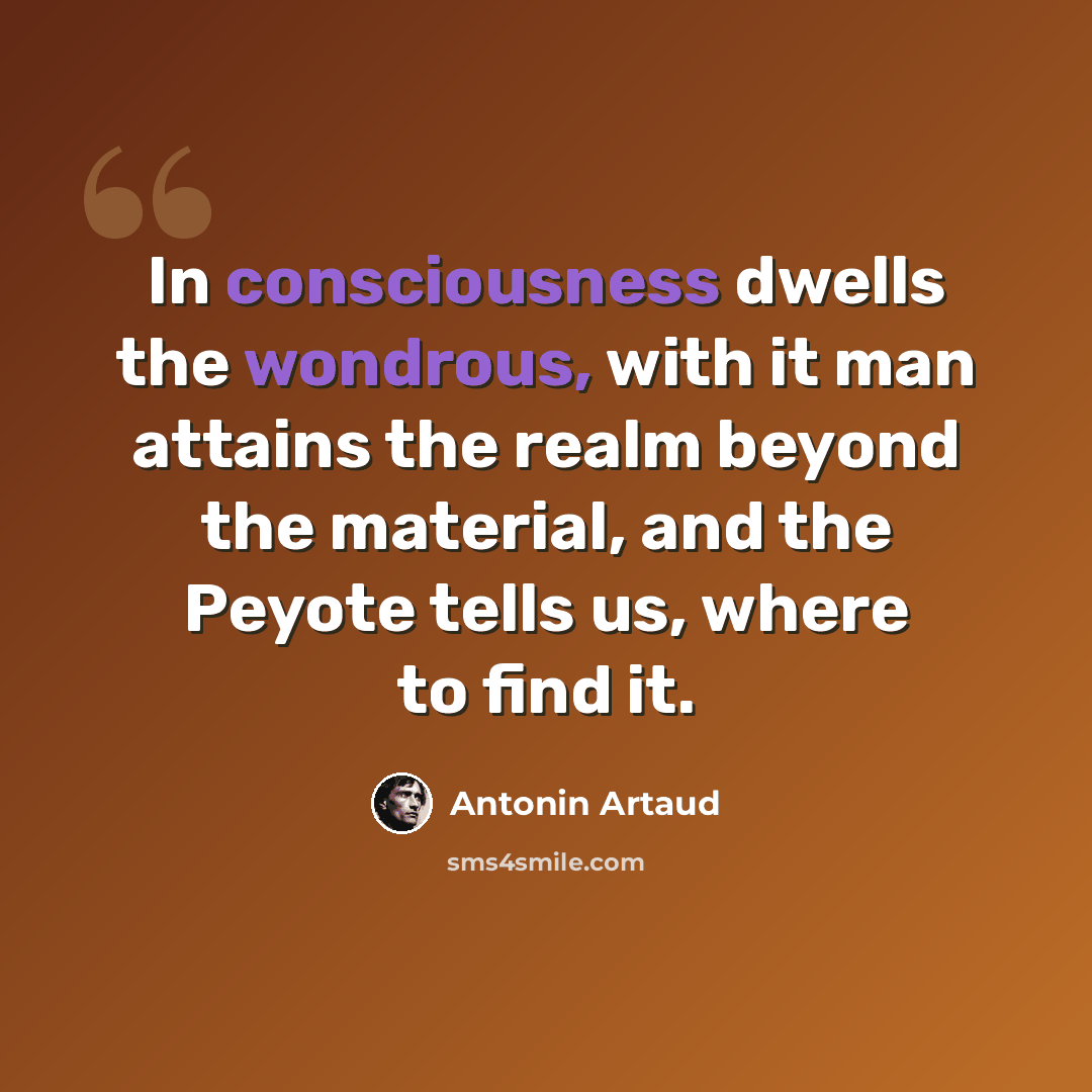 “In consciousness dwells the wondrous, with it man attains the realm beyond the material, and the Peyote tells us, where to find it.” quote by Antonin Artaud