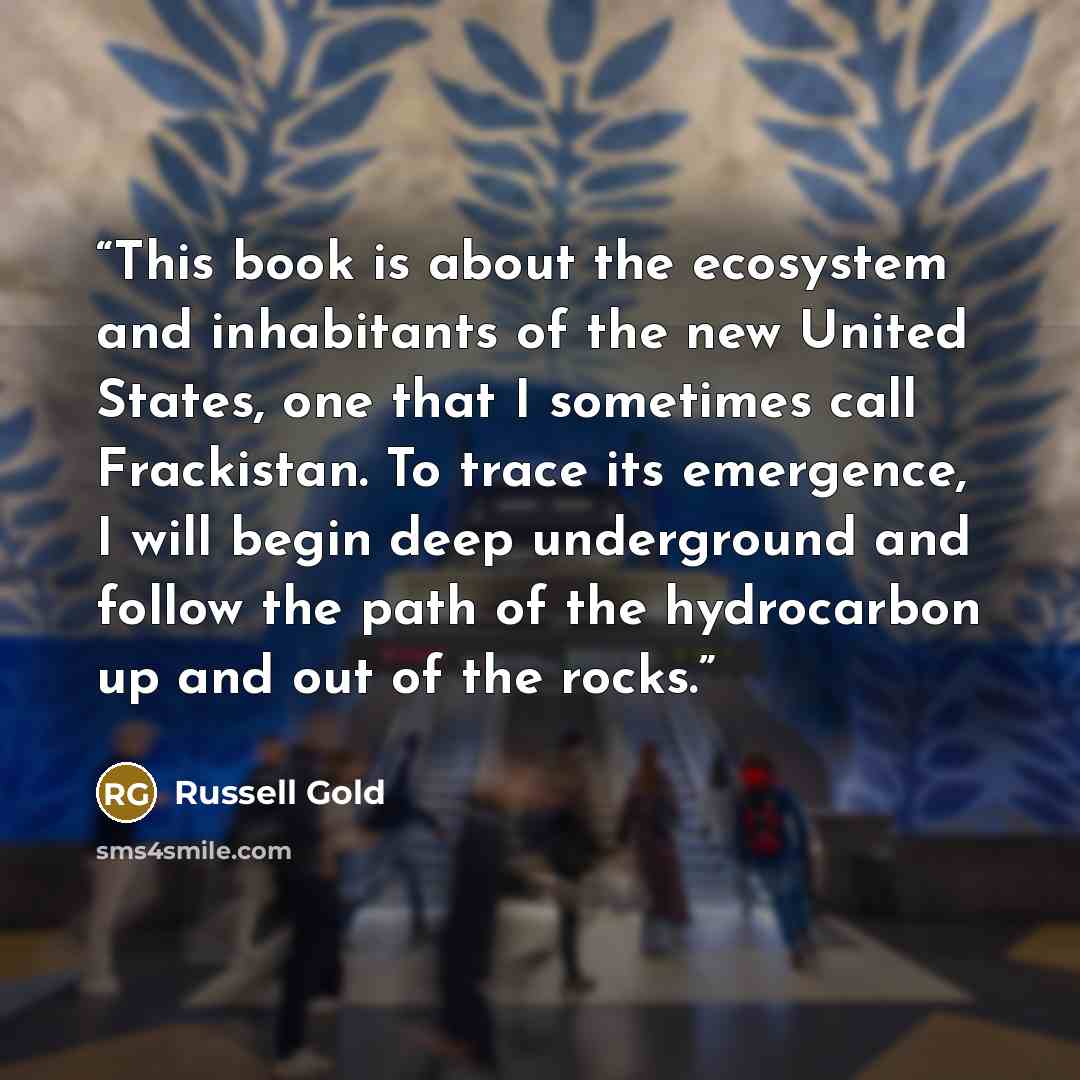 “This book is about the ecosystem and inhabitants of the new United States, one that I sometimes call Frackistan. To trace its emergence, I will begin deep underground and follow the path of the hydrocarbon up and out of the rocks.” quote by Russell Gold