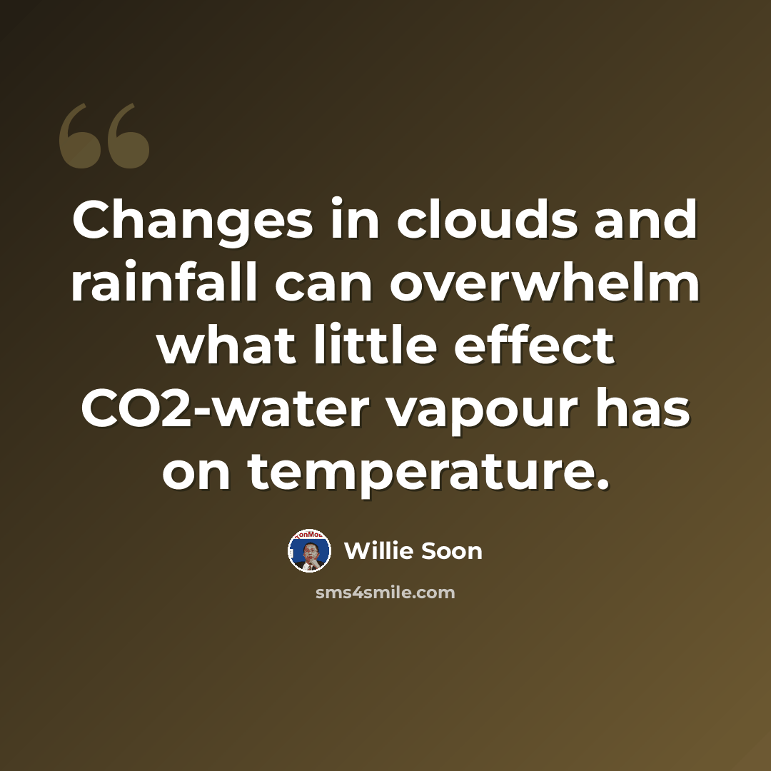 “Changes in clouds and rainfall can overwhelm what little effect CO2-water vapour has on temperature.” quote by Willie Soon