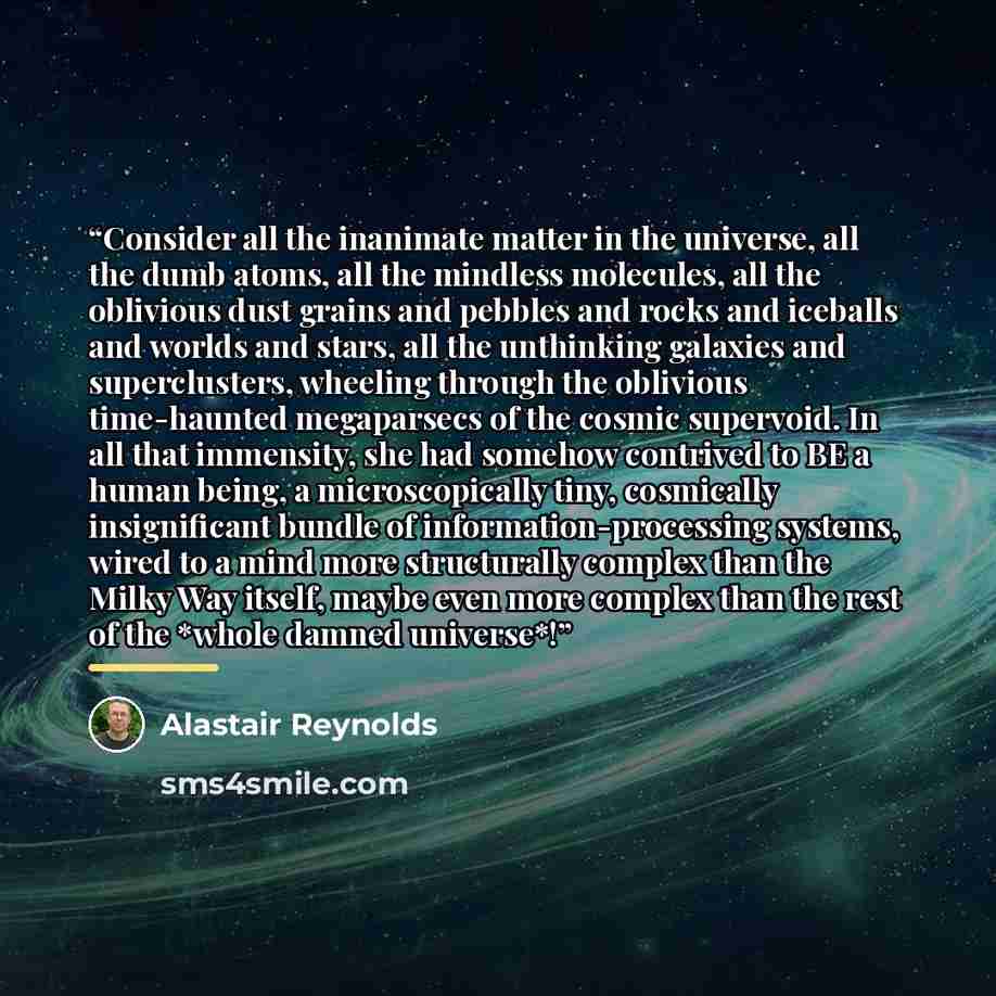 “Consider all the inanimate matter in the universe, all the dumb atoms, all the mindless molecules, all the oblivious dust grains and pebbles and rocks and iceballs and worlds and stars, all the unthinking galaxies and superclusters, wheeling through the oblivious time-haunted megaparsecs of the…” quote by Alastair Reynolds