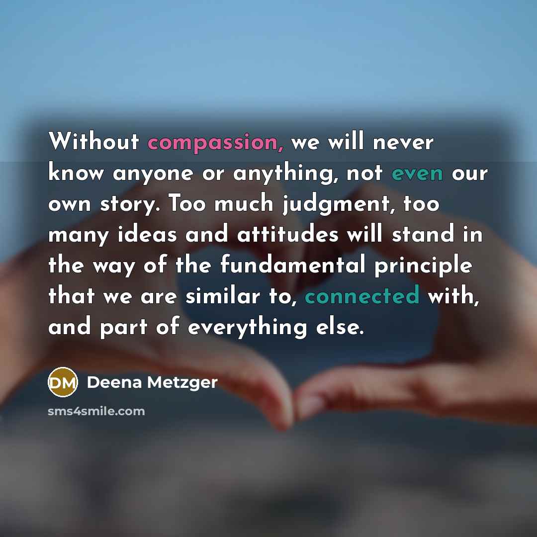 “Without compassion, we will never know anyone or anything, not even our own story. Too much judgment, too many ideas and attitudes will stand in the way of the fundamental principle that we are similar to, connected with, and part of everything else.” quote by Deena Metzger