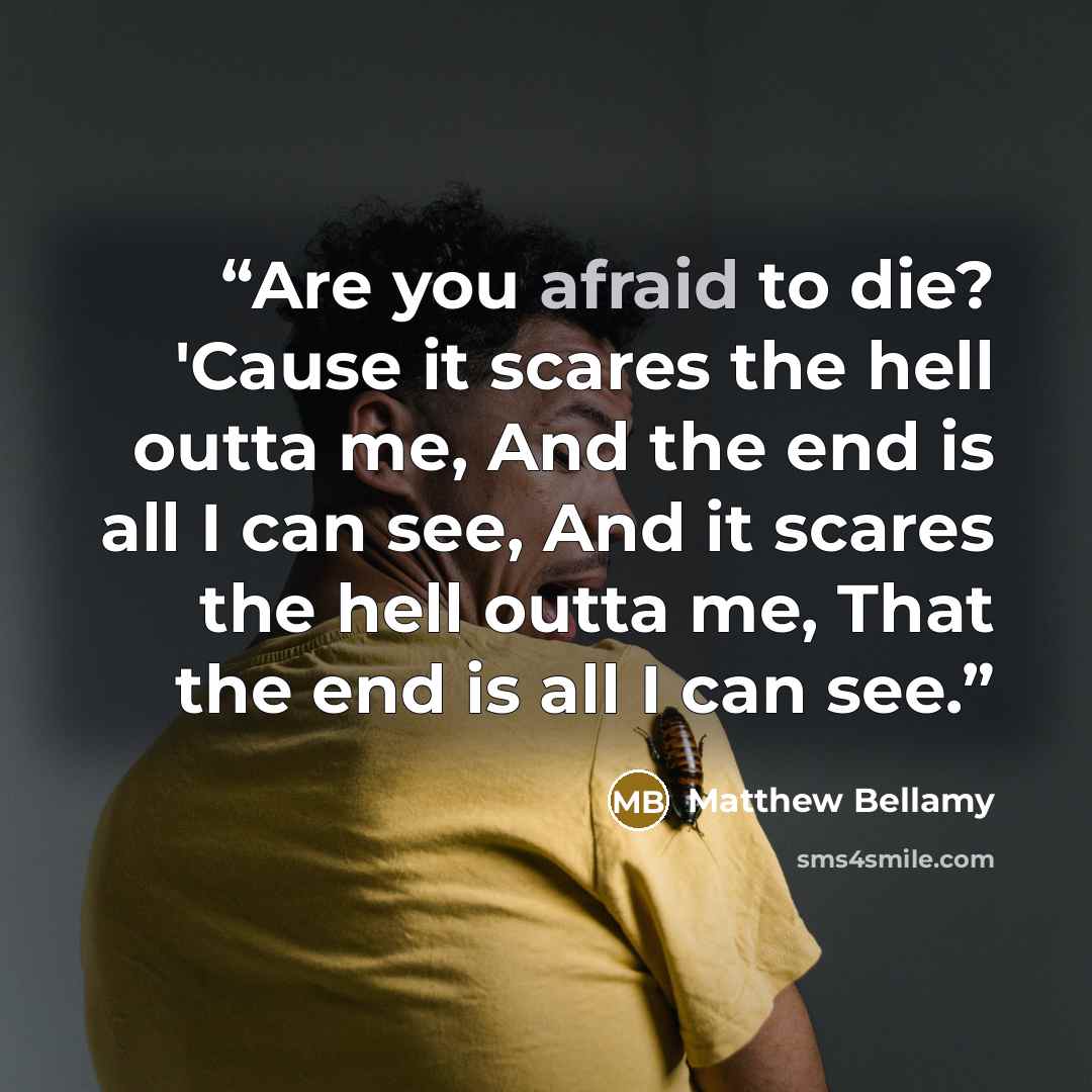 “Are you afraid to die? 'Cause it scares the hell outta me, And the end is all I can see, And it scares the hell outta me, That the end is all I can see.” quote by Matthew Bellamy