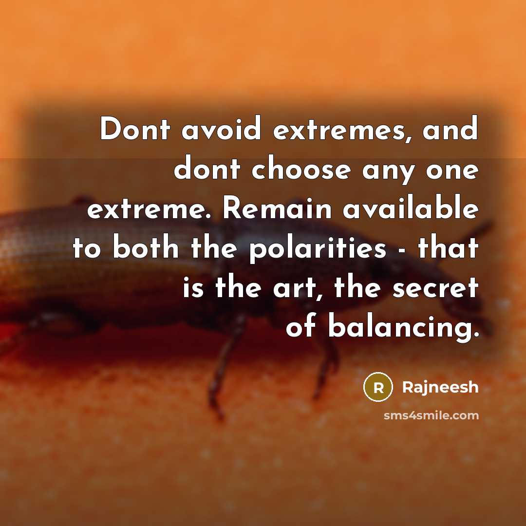 “Dont avoid extremes, and dont choose any one extreme. Remain available to both the polarities - that is the art, the secret of balancing.” quote by Rajneesh
