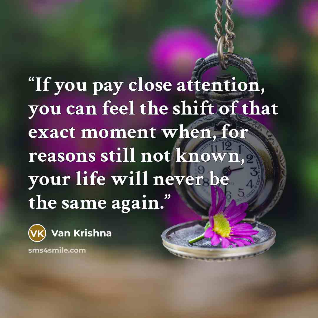 “If you pay close attention, you can feel the shift of that exact moment when, for reasons still not known, your life will never be the same again.” quote by Van Krishna