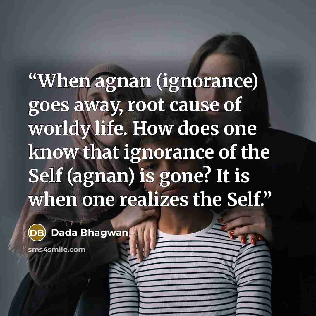 “When agnan (ignorance) goes away, root cause of worldy life. How does one know that ignorance of the Self (agnan) is gone? It is when one realizes the Self.” quote by Dada Bhagwan