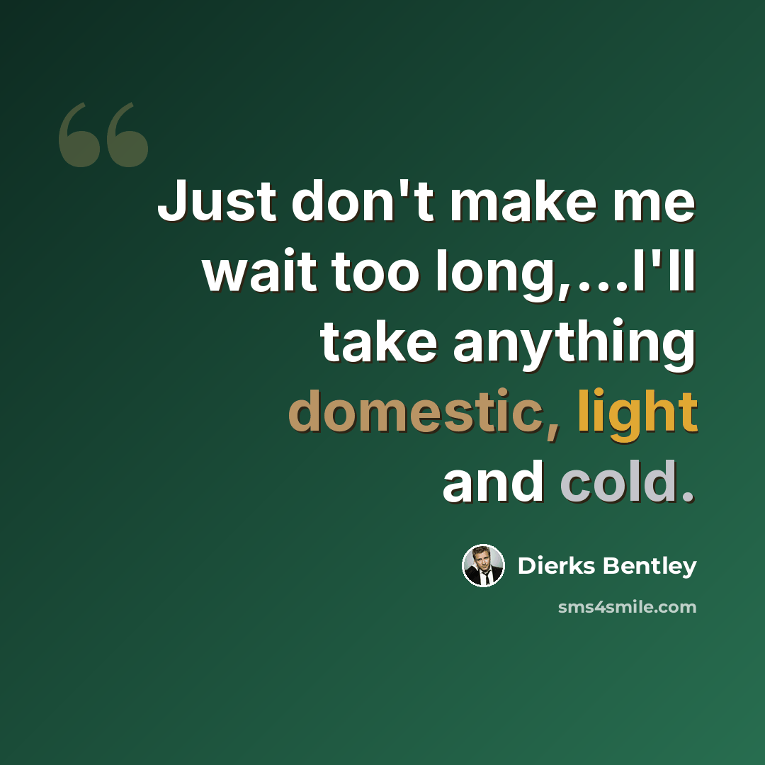 “Just don't make me wait too long,...I'll take anything domestic, light and cold.” quote by Dierks Bentley